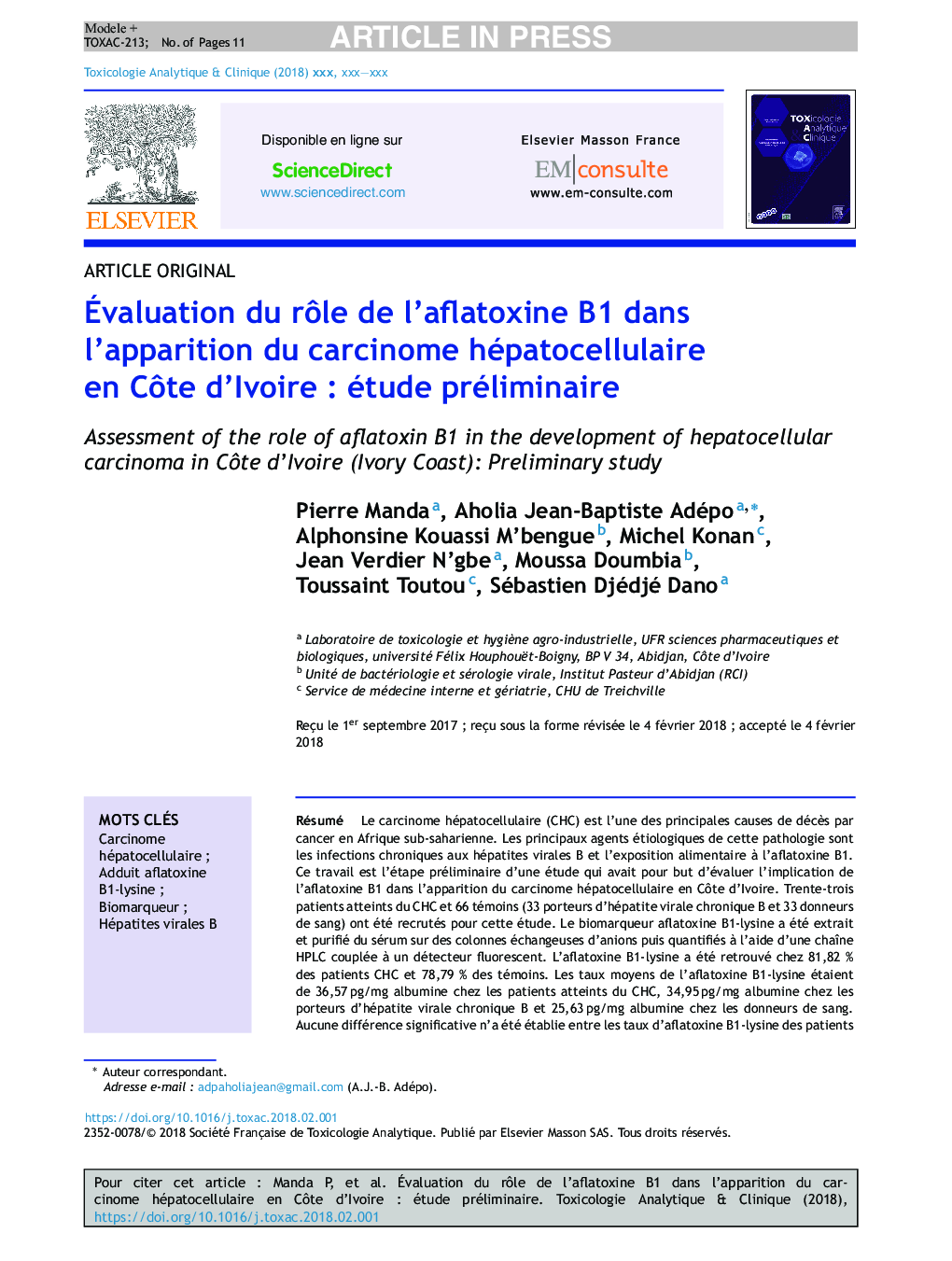 Ãvaluation du rÃ´le de l'aflatoxine B1Â dans l'apparition du carcinome hépatocellulaire en CÃ´te d'IvoireÂ : étude préliminaire