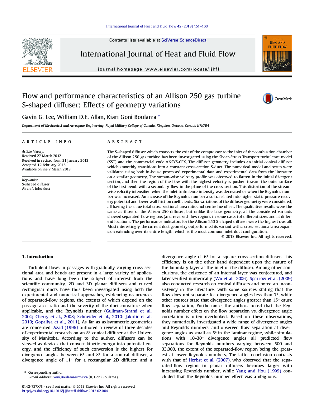 Flow and performance characteristics of an Allison 250 gas turbine S-shaped diffuser: Effects of geometry variations