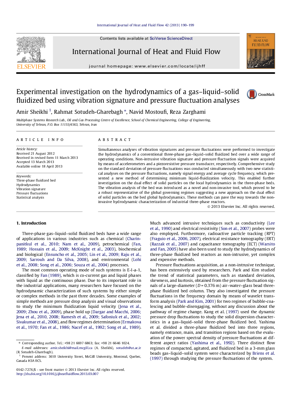 Experimental investigation on the hydrodynamics of a gas–liquid–solid fluidized bed using vibration signature and pressure fluctuation analyses