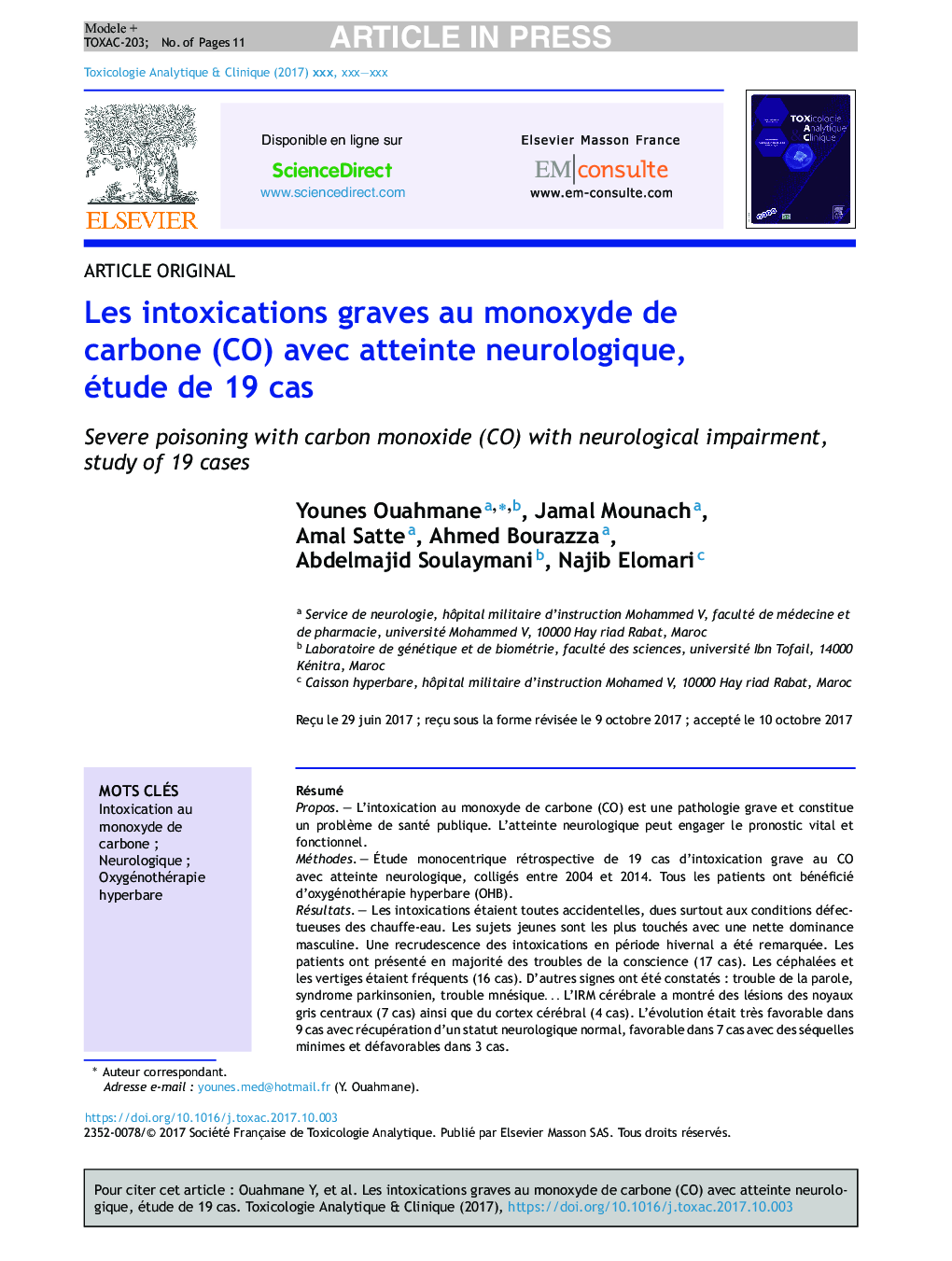 Les intoxications graves au monoxyde de carbone (CO) avec atteinte neurologique, étude de 19Â cas