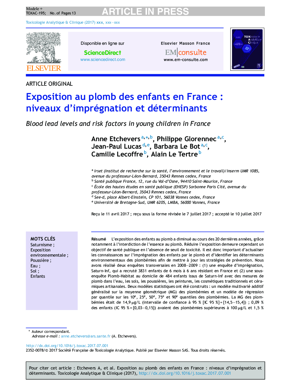 Exposition au plomb des enfants en FranceÂ : niveaux d'imprégnation et déterminants