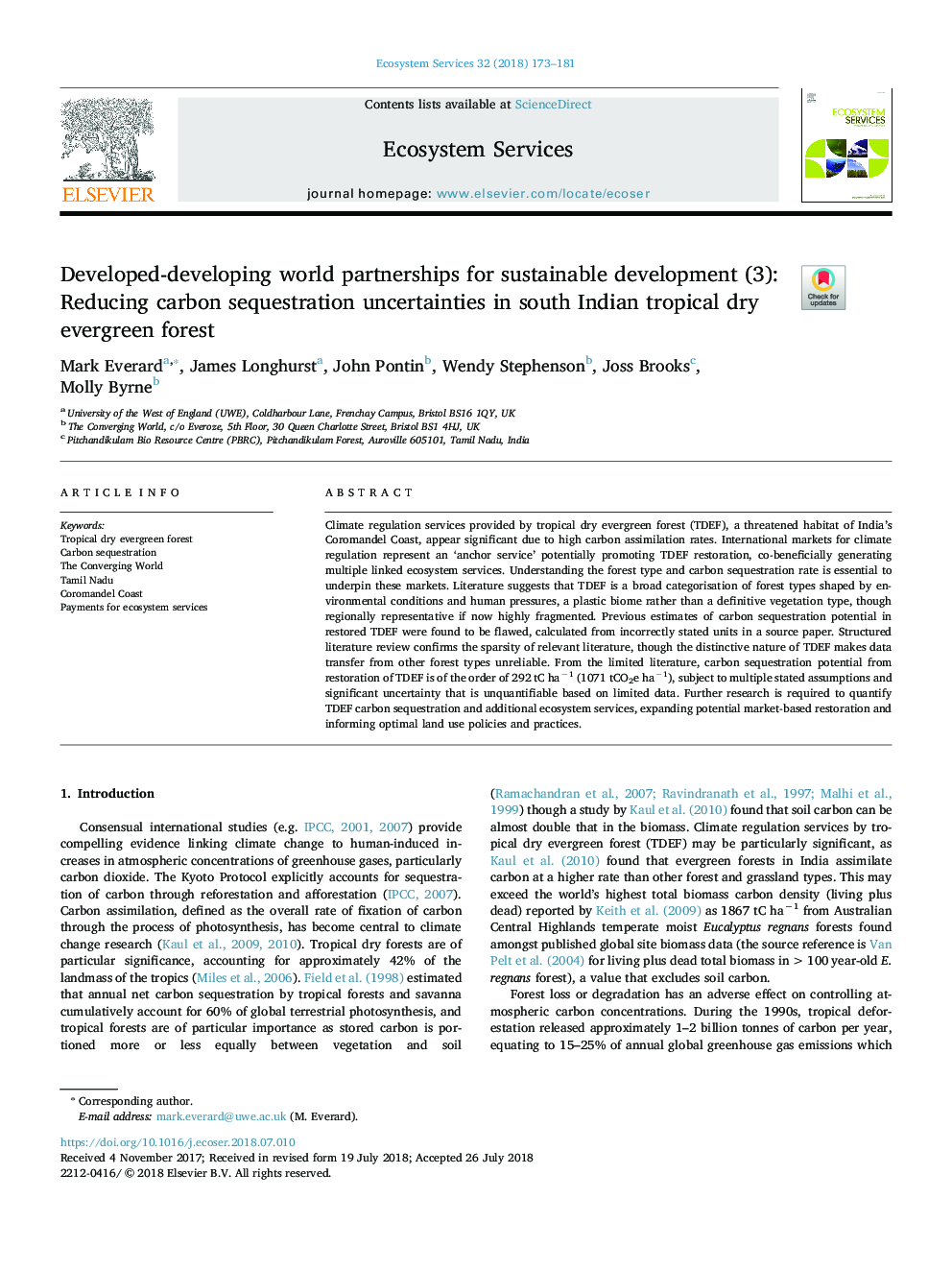 Developed-developing world partnerships for sustainable development (3): Reducing carbon sequestration uncertainties in south Indian tropical dry evergreen forest