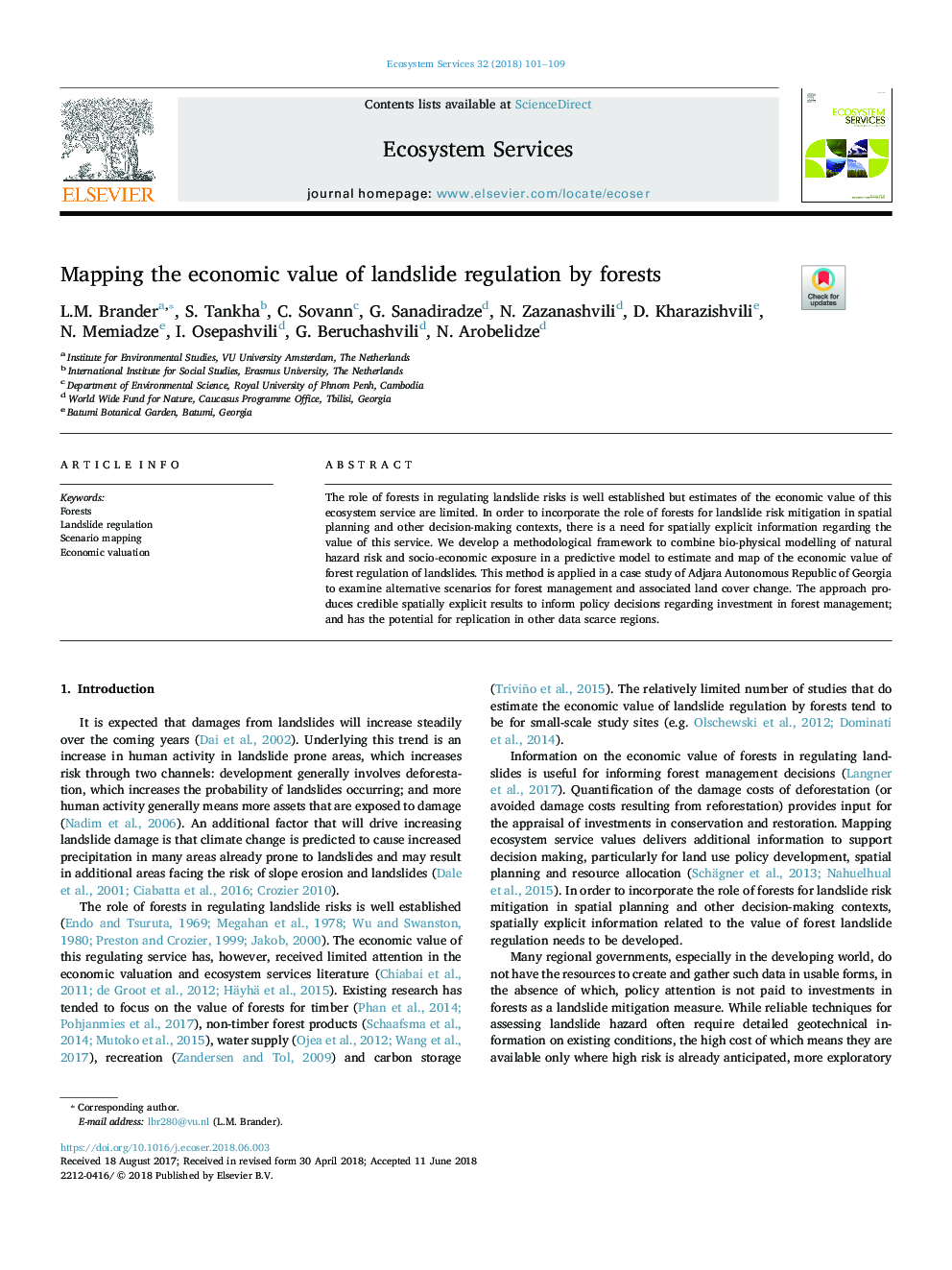 Mapping the economic value of landslide regulation by forests