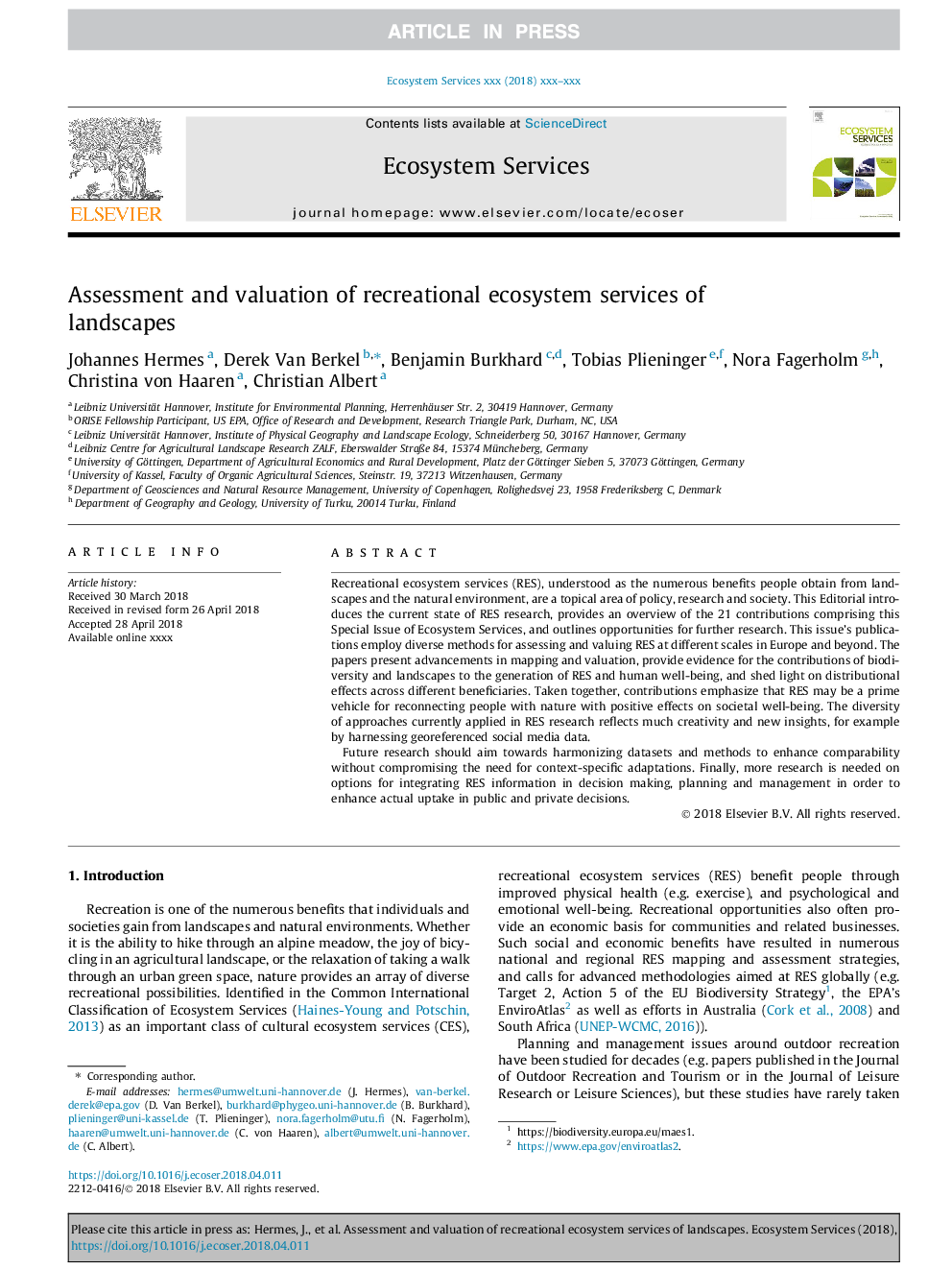 Assessment and valuation of recreational ecosystem services of landscapes