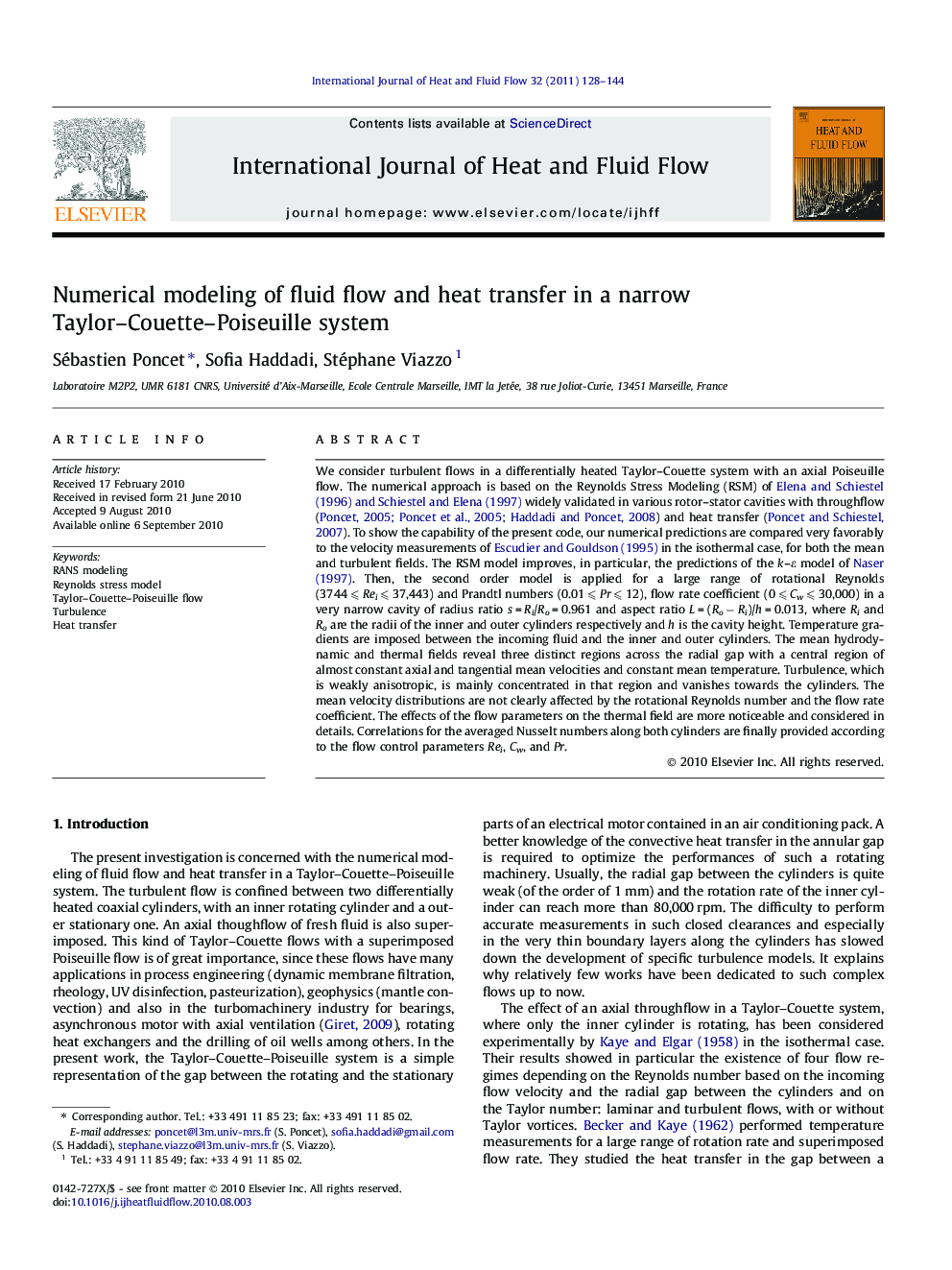 Numerical modeling of fluid flow and heat transfer in a narrow Taylor–Couette–Poiseuille system