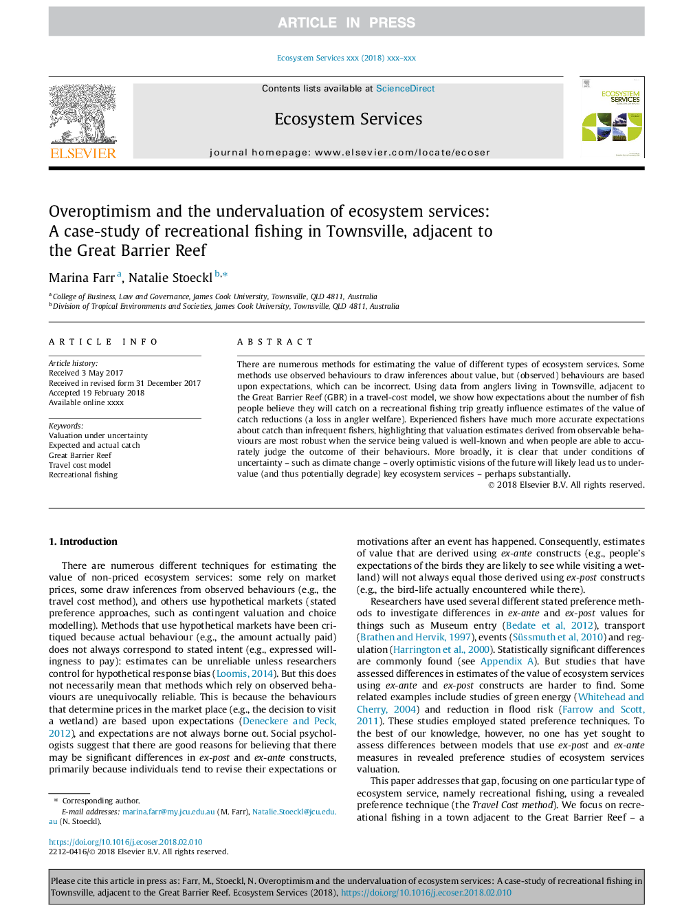 Overoptimism and the undervaluation of ecosystem services: A case-study of recreational fishing in Townsville, adjacent to the Great Barrier Reef