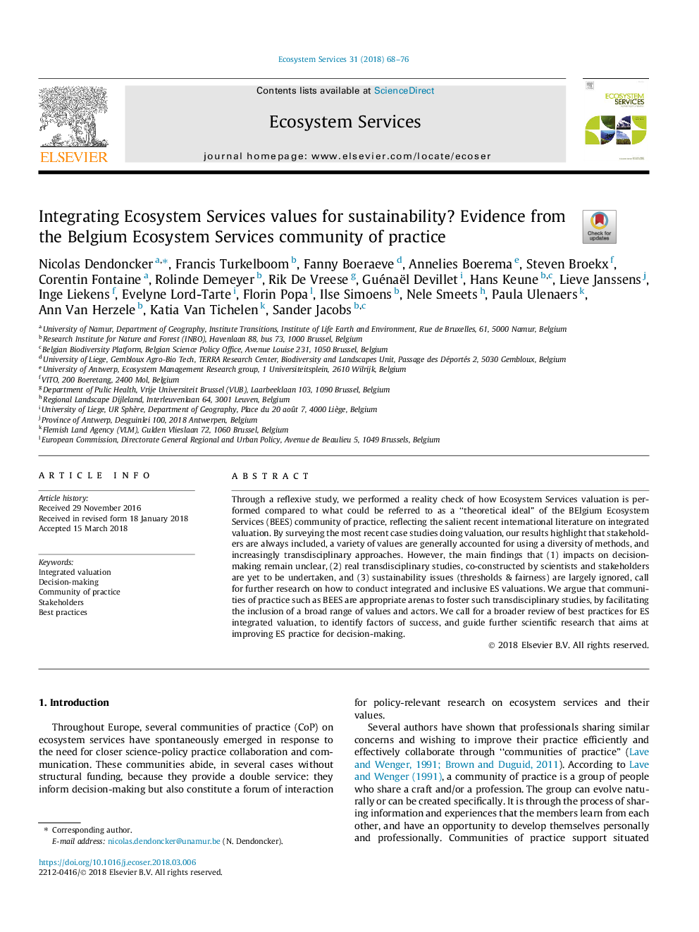 Integrating Ecosystem Services values for sustainability? Evidence from the Belgium Ecosystem Services community of practice