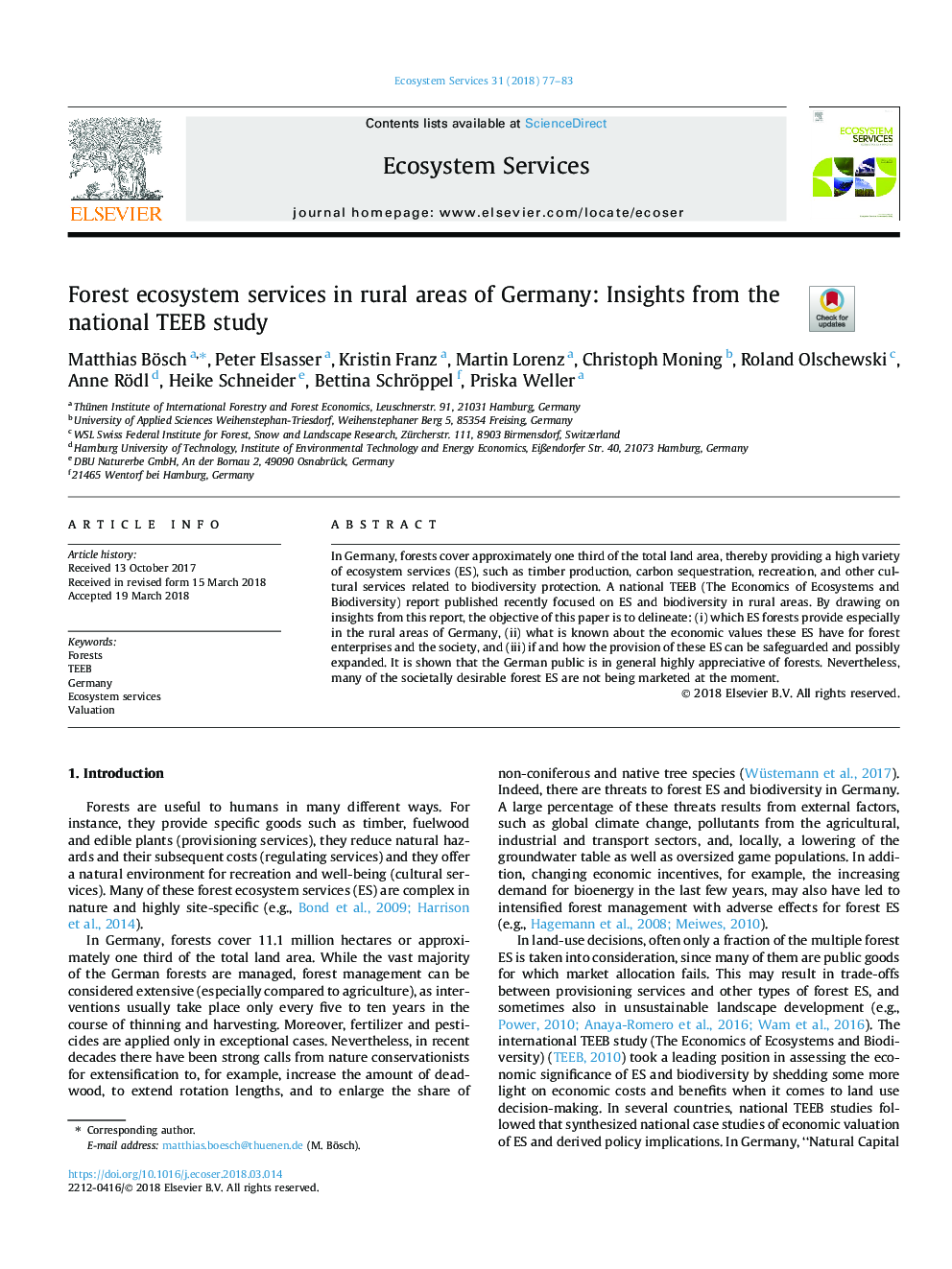 Forest ecosystem services in rural areas of Germany: Insights from the national TEEB study