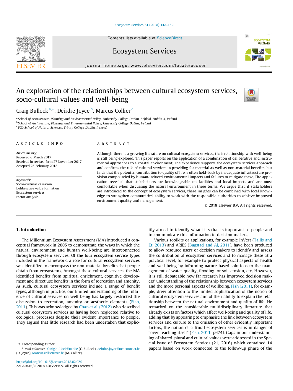 An exploration of the relationships between cultural ecosystem services, socio-cultural values and well-being