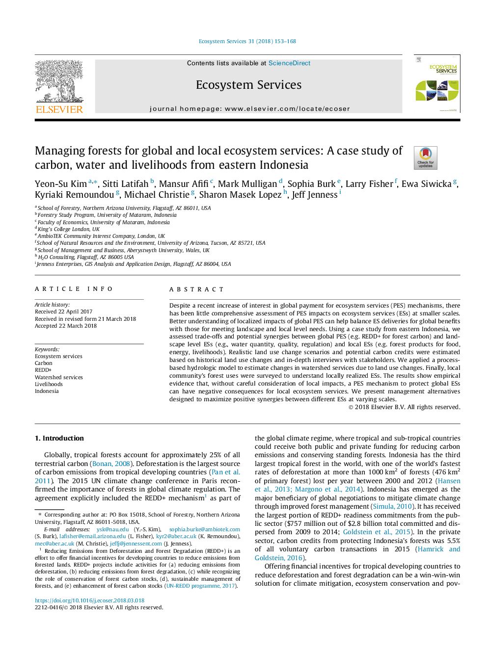 Managing forests for global and local ecosystem services: A case study of carbon, water and livelihoods from eastern Indonesia