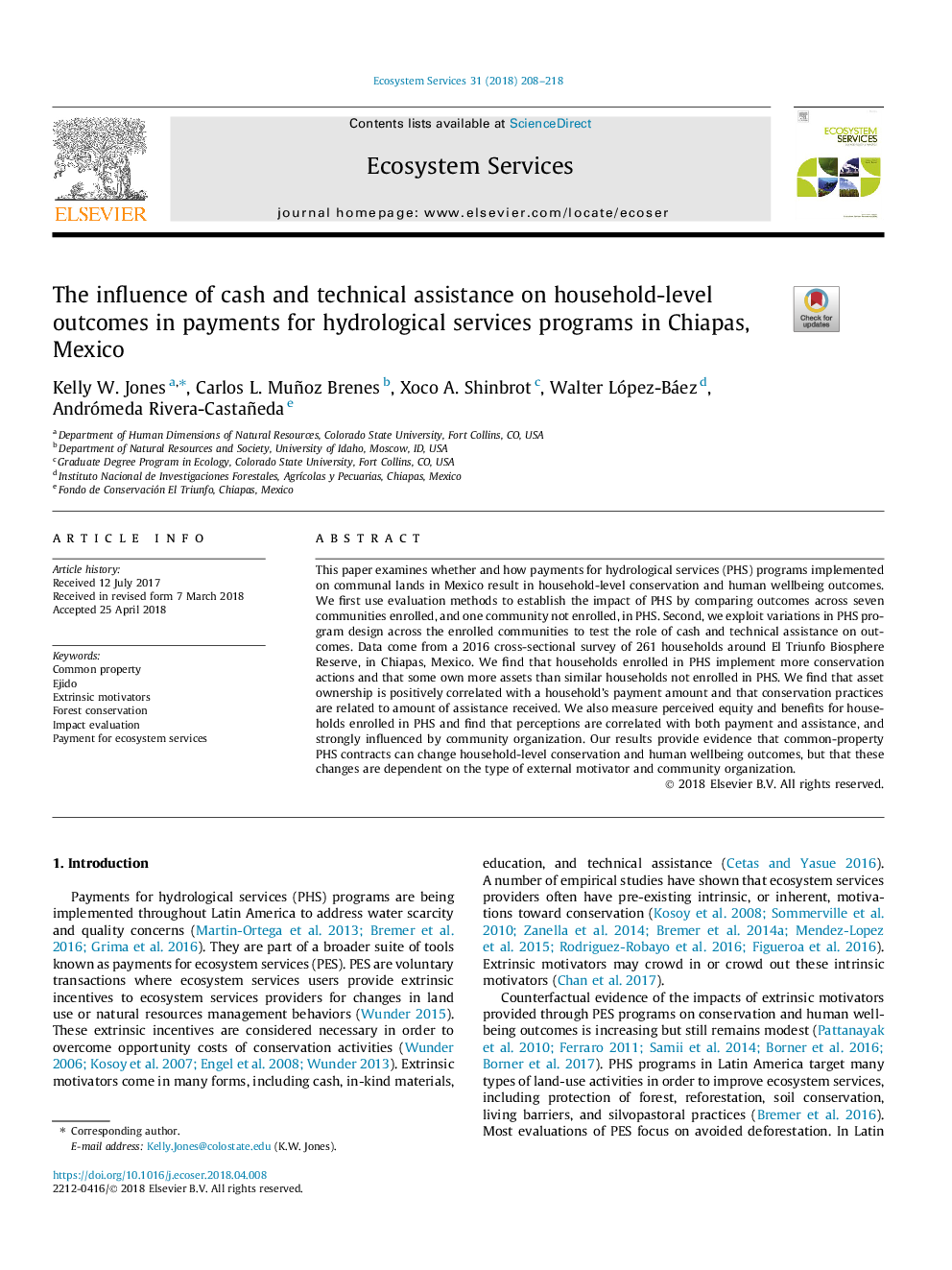 The influence of cash and technical assistance on household-level outcomes in payments for hydrological services programs in Chiapas, Mexico