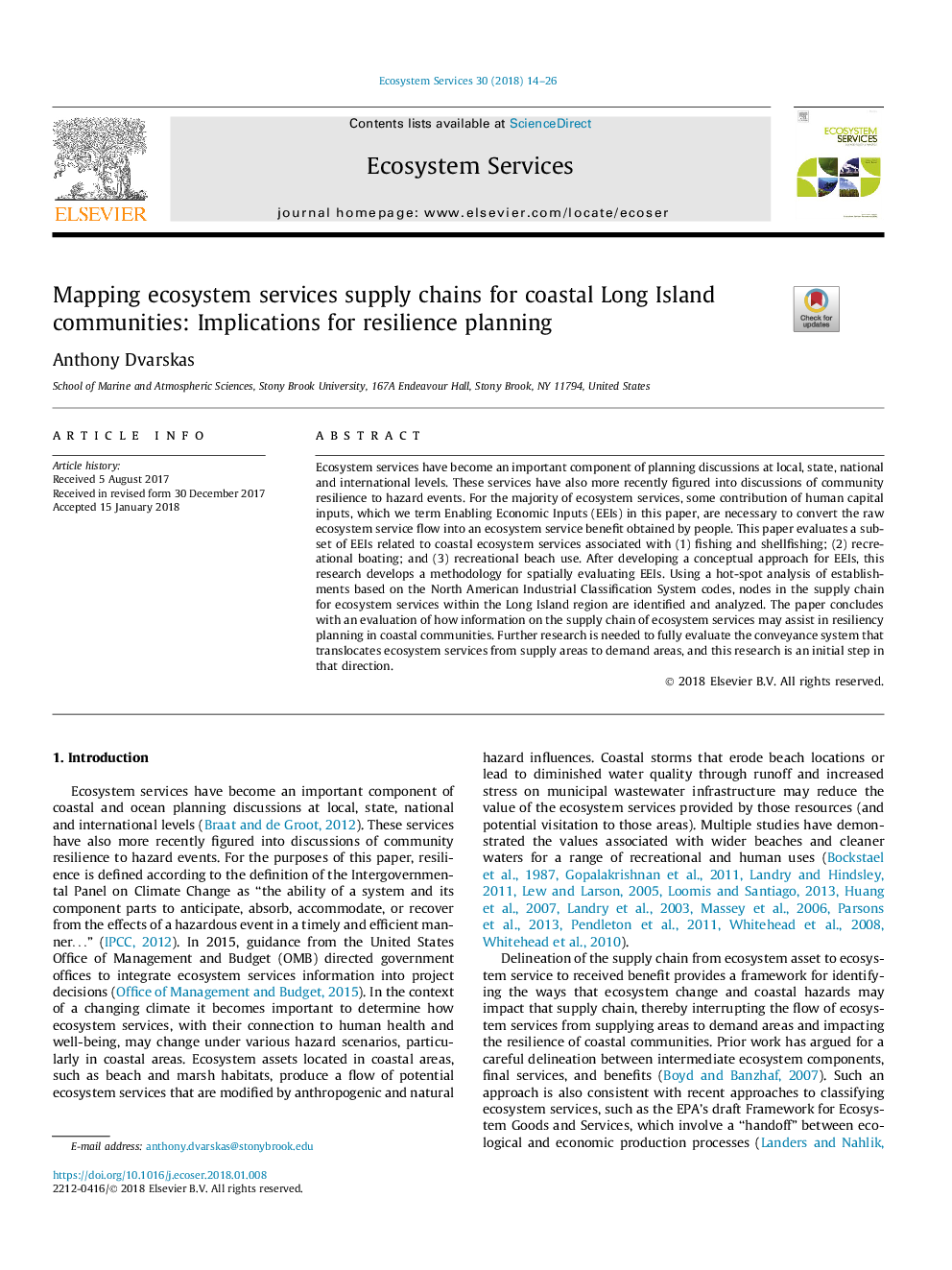 Mapping ecosystem services supply chains for coastal Long Island communities: Implications for resilience planning