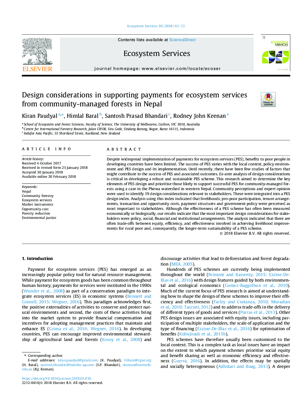 Design considerations in supporting payments for ecosystem services from community-managed forests in Nepal