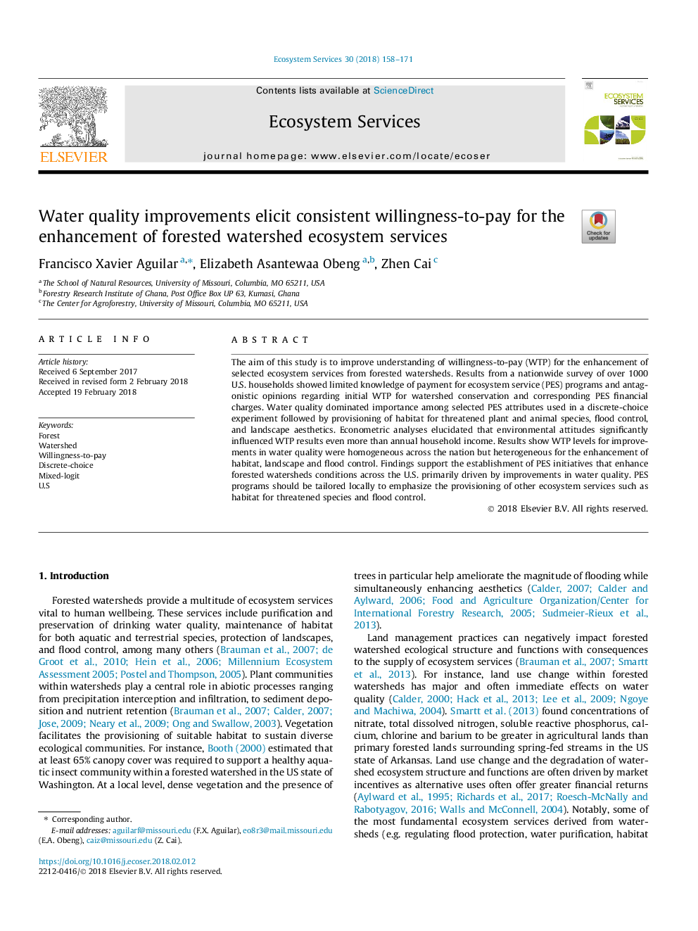 Water quality improvements elicit consistent willingness-to-pay for the enhancement of forested watershed ecosystem services