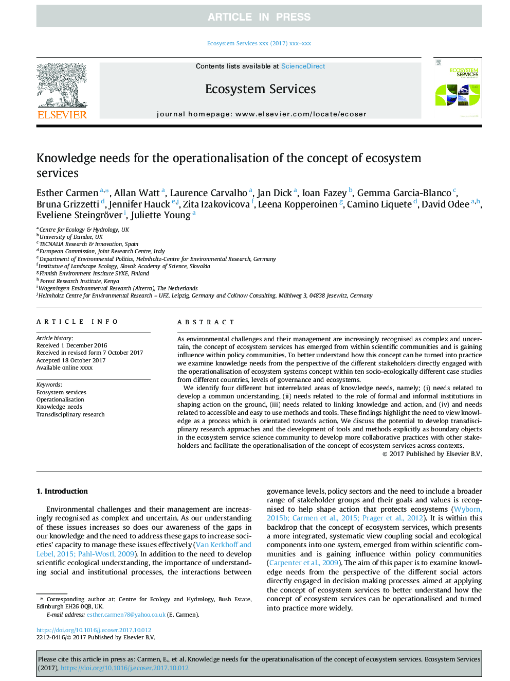 Knowledge needs for the operationalisation of the concept of ecosystem services