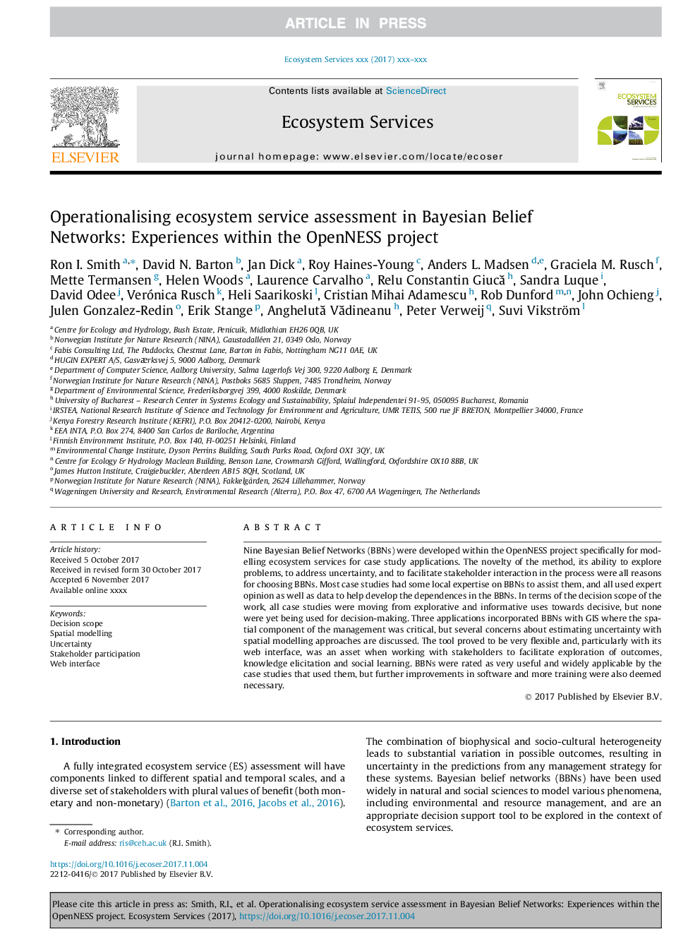 Operationalising ecosystem service assessment in Bayesian Belief Networks: Experiences within the OpenNESS project