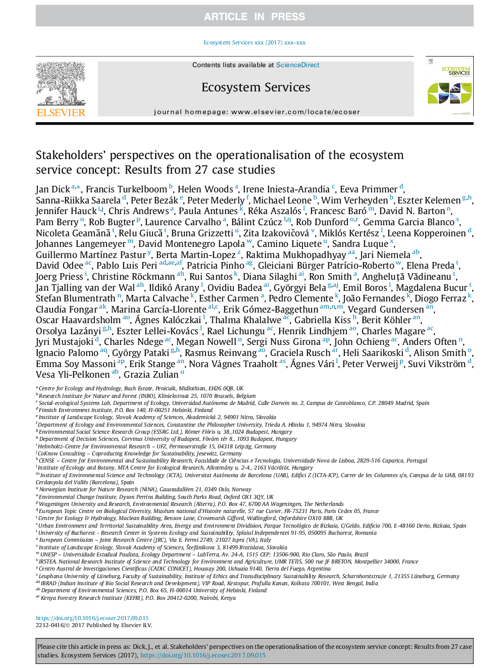 Stakeholders' perspectives on the operationalisation of the ecosystem service concept: Results from 27 case studies