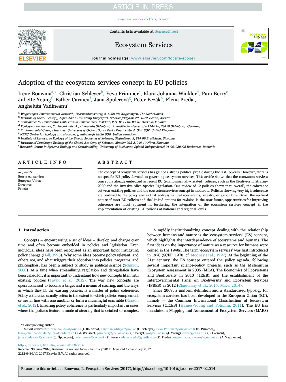 Adoption of the ecosystem services concept in EU policies