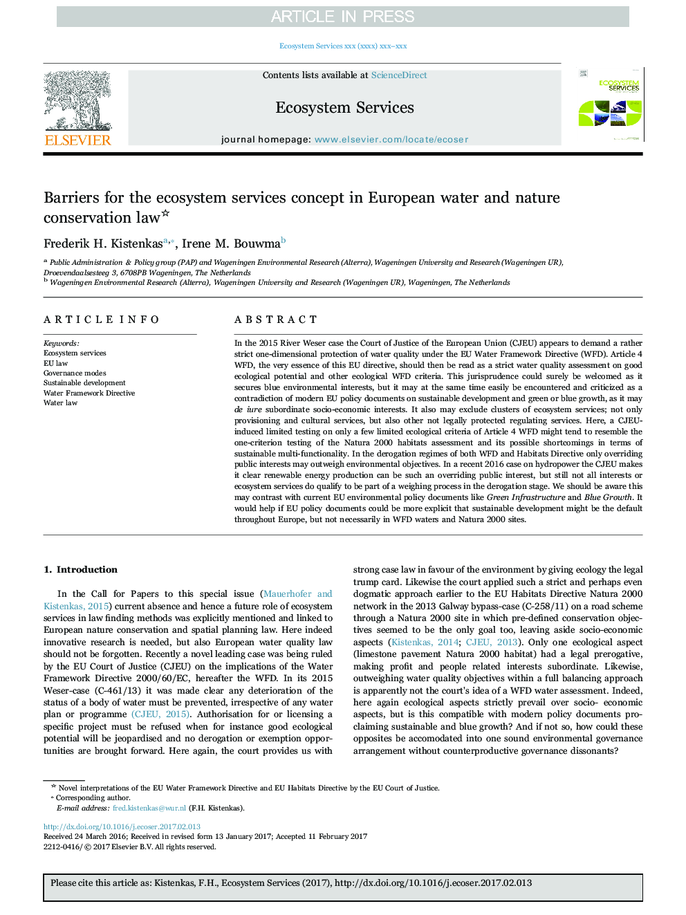 Barriers for the ecosystem services concept in European water and nature conservation law