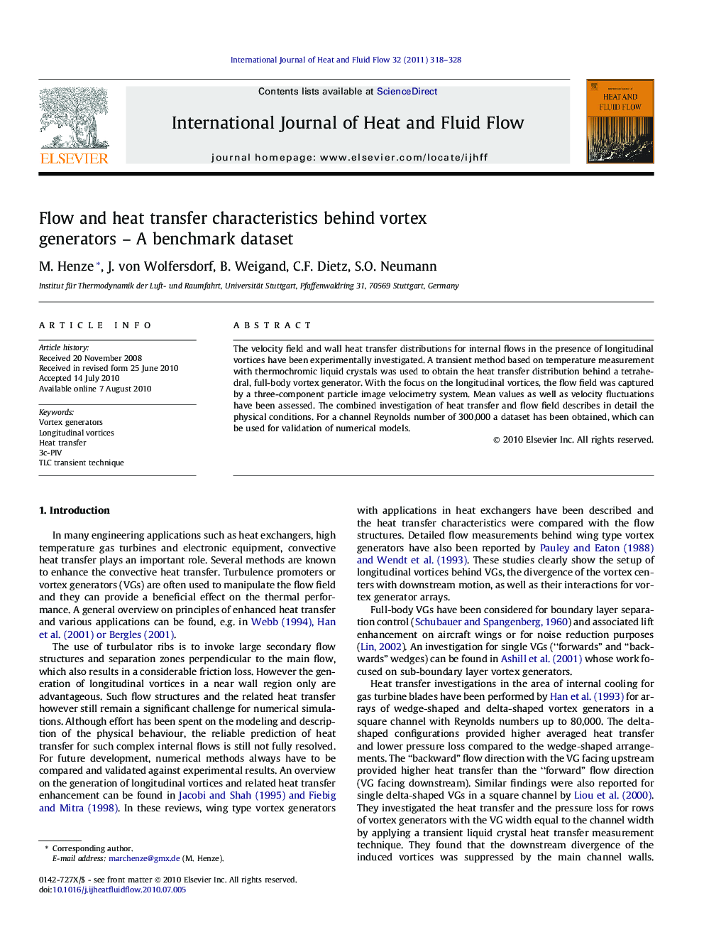 Flow and heat transfer characteristics behind vortex generators – A benchmark dataset