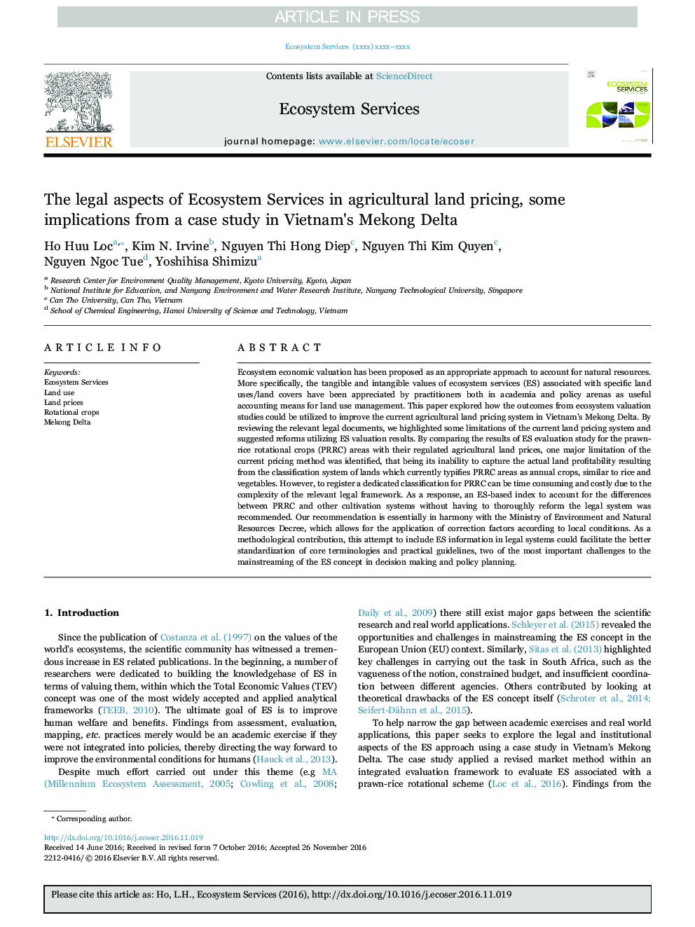 The legal aspects of Ecosystem Services in agricultural land pricing, some implications from a case study in Vietnam's Mekong Delta