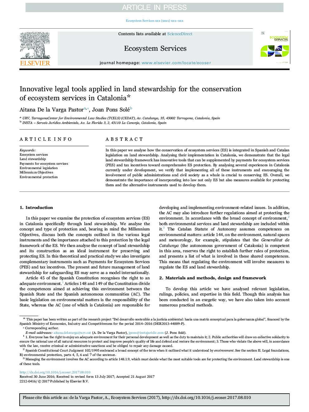 Innovative legal tools applied in land stewardship for the conservation of ecosystem services in Catalonia