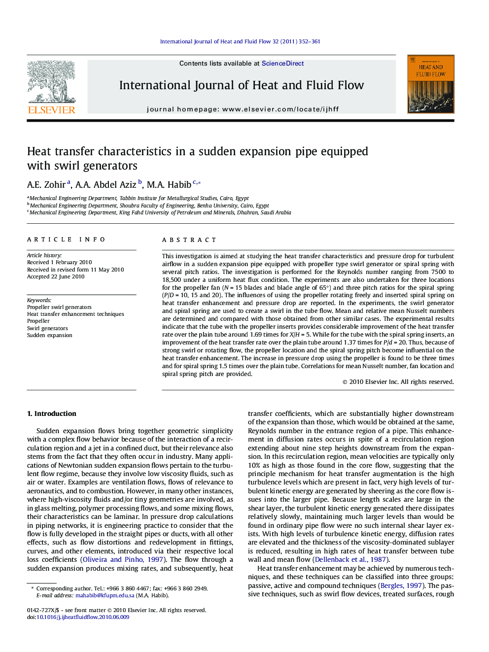 Heat transfer characteristics in a sudden expansion pipe equipped with swirl generators