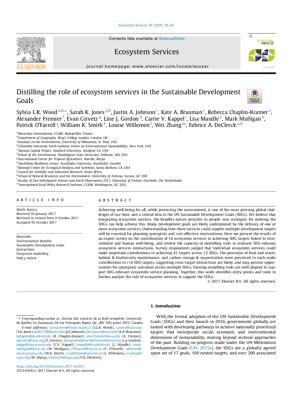 Distilling the role of ecosystem services in the Sustainable Development Goals