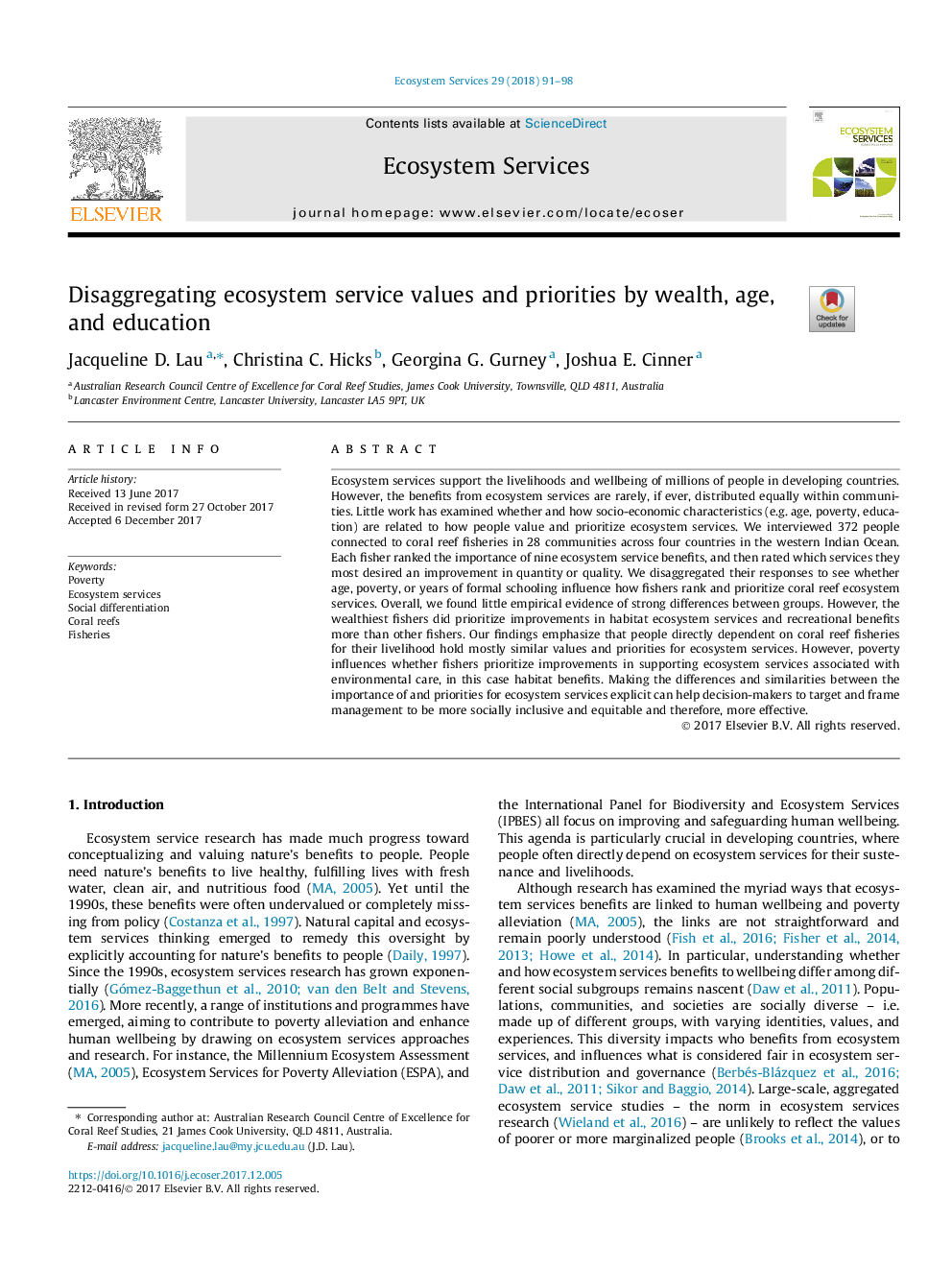 Disaggregating ecosystem service values and priorities by wealth, age, and education