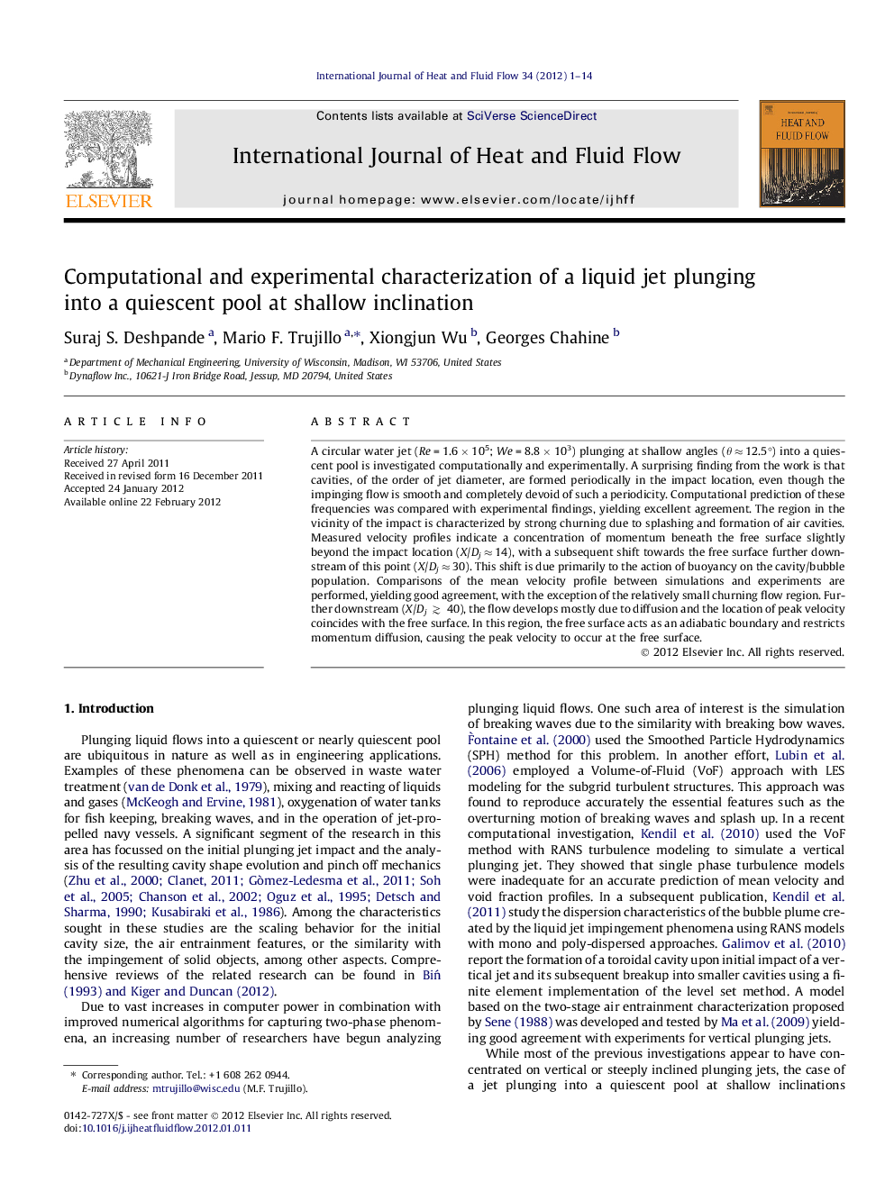 Computational and experimental characterization of a liquid jet plunging into a quiescent pool at shallow inclination