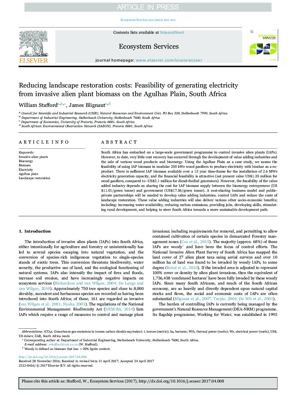 Reducing landscape restoration costs: Feasibility of generating electricity from invasive alien plant biomass on the Agulhas Plain, South Africa