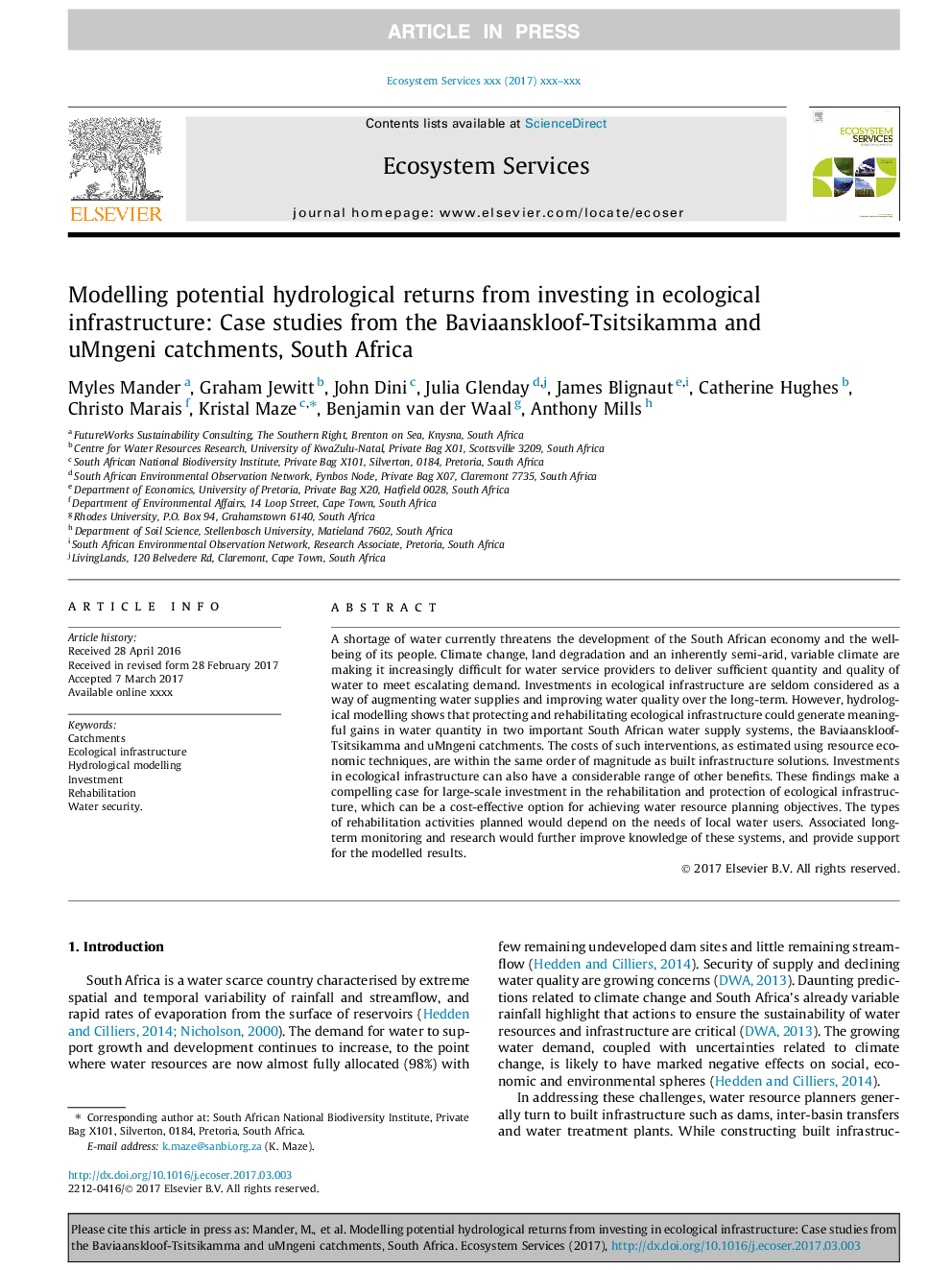 Modelling potential hydrological returns from investing in ecological infrastructure: Case studies from the Baviaanskloof-Tsitsikamma and uMngeni catchments, South Africa