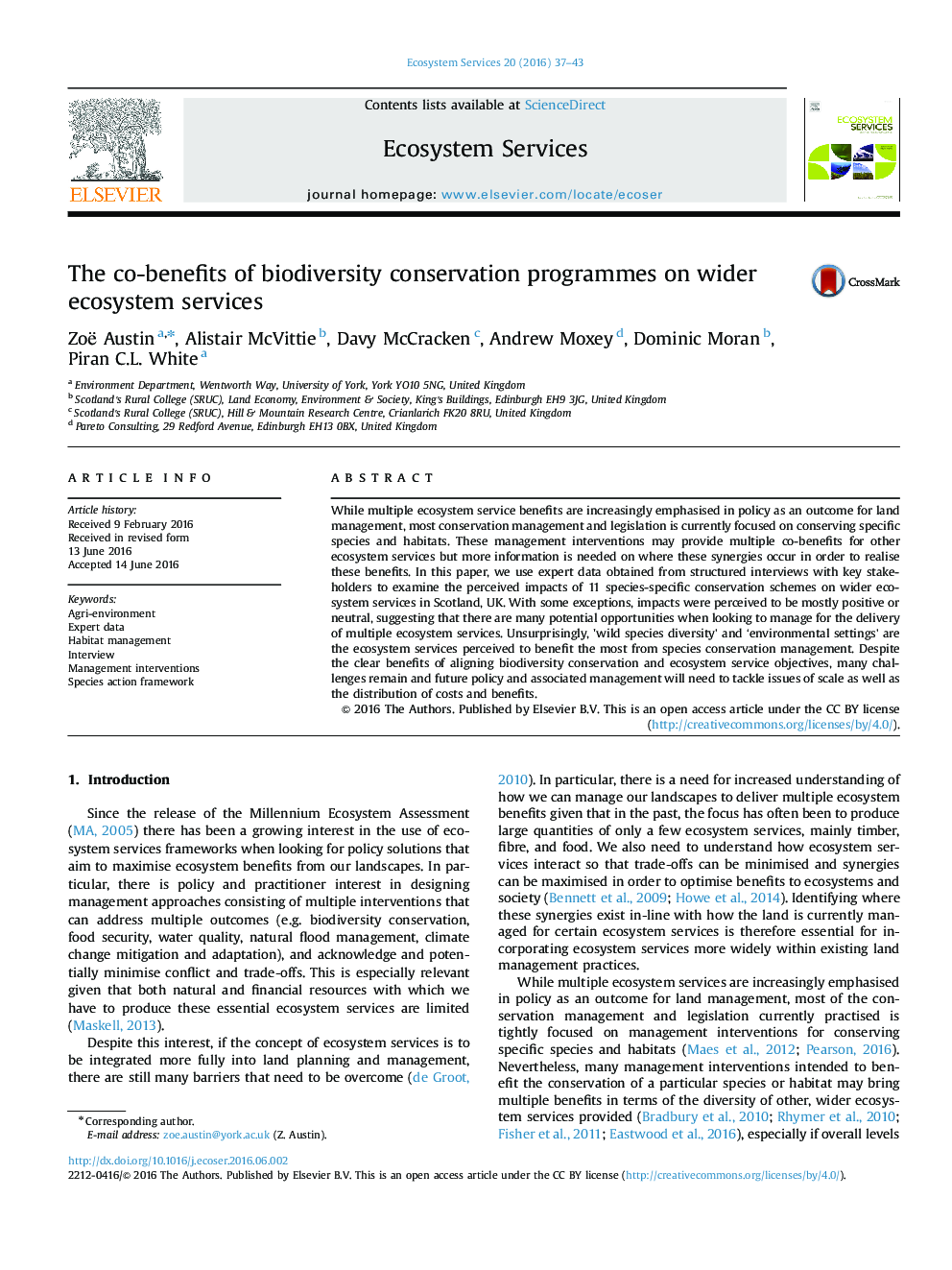 The co-benefits of biodiversity conservation programmes on wider ecosystem services