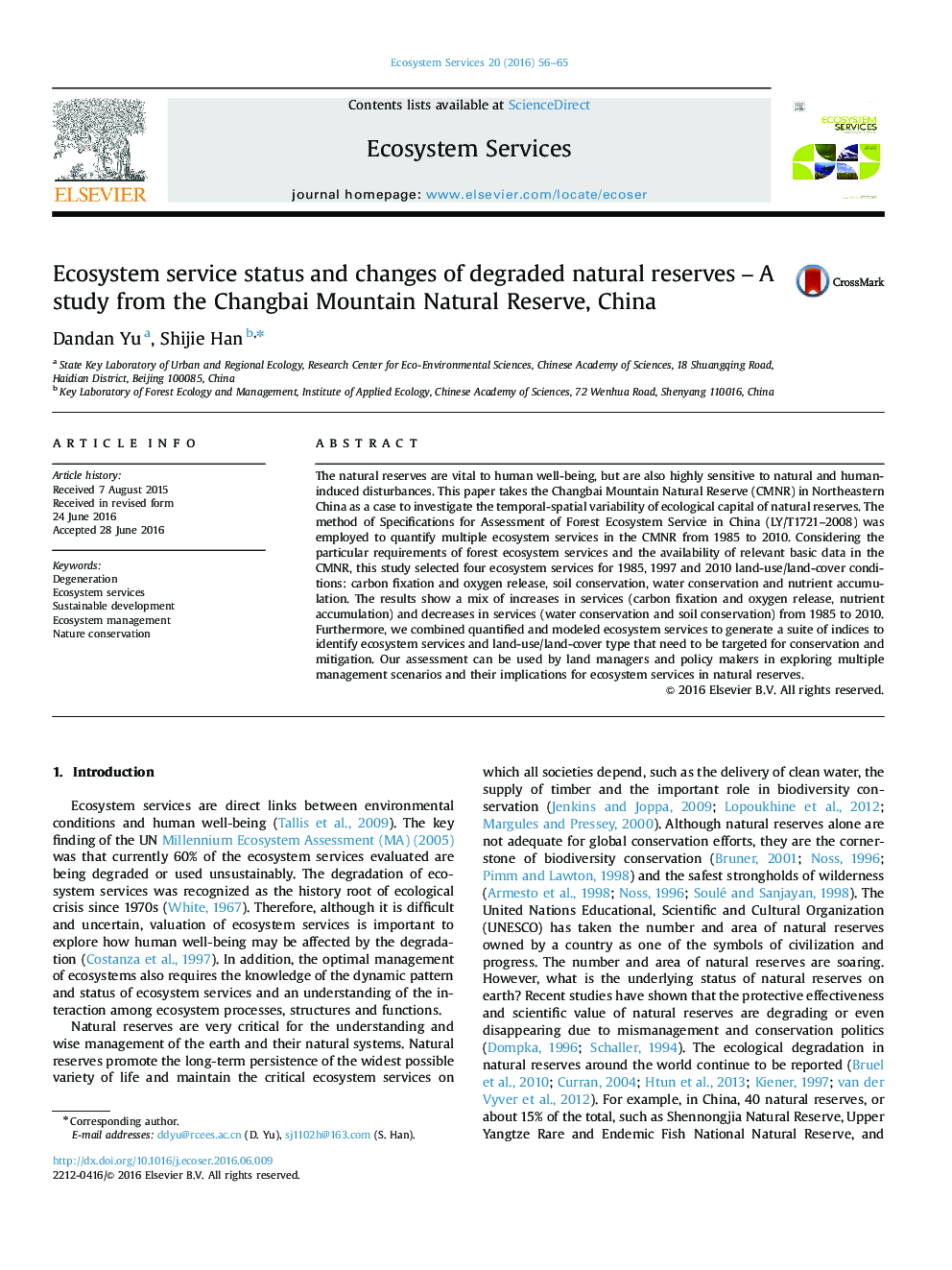 Ecosystem service status and changes of degraded natural reserves - A study from the Changbai Mountain Natural Reserve, China