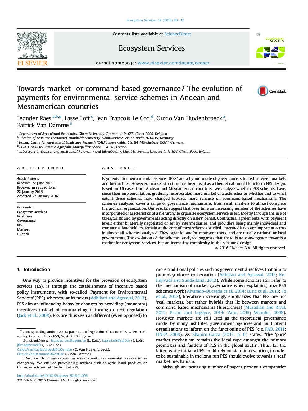 Towards market- or command-based governance? The evolution of payments for environmental service schemes in Andean and Mesoamerican countries