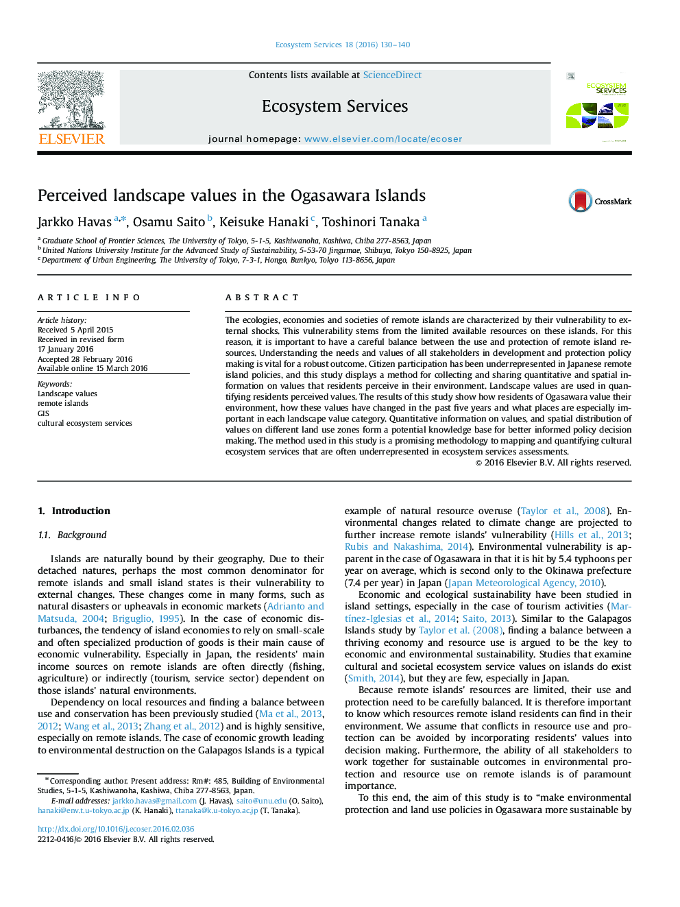 Perceived landscape values in the Ogasawara Islands