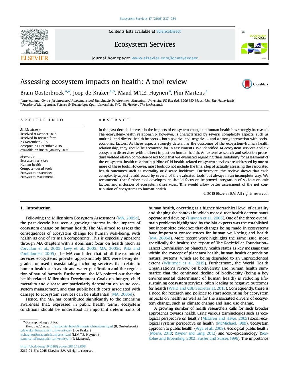 Assessing ecosystem impacts on health: A tool review