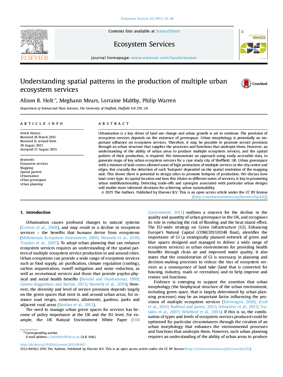 Understanding spatial patterns in the production of multiple urban ecosystem services