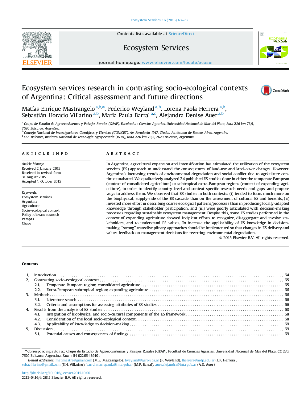 Ecosystem services research in contrasting socio-ecological contexts of Argentina: Critical assessment and future directions