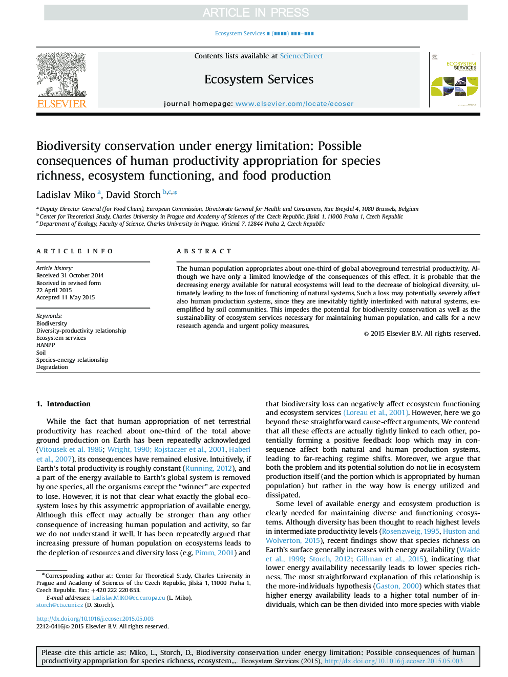 Biodiversity conservation under energy limitation: Possible consequences of human productivity appropriation for species richness, ecosystem functioning, and food production