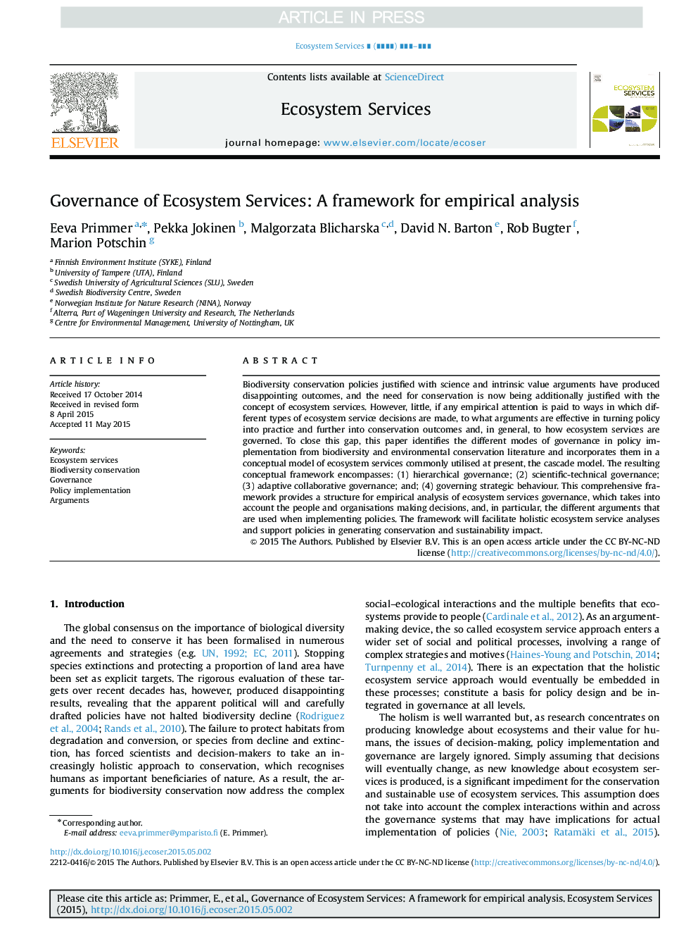 Governance of Ecosystem Services: A framework for empirical analysis