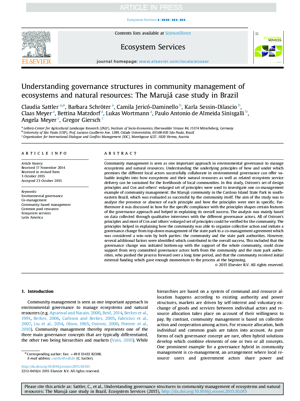 Understanding governance structures in community management of ecosystems and natural resources: The Marujá case study in Brazil