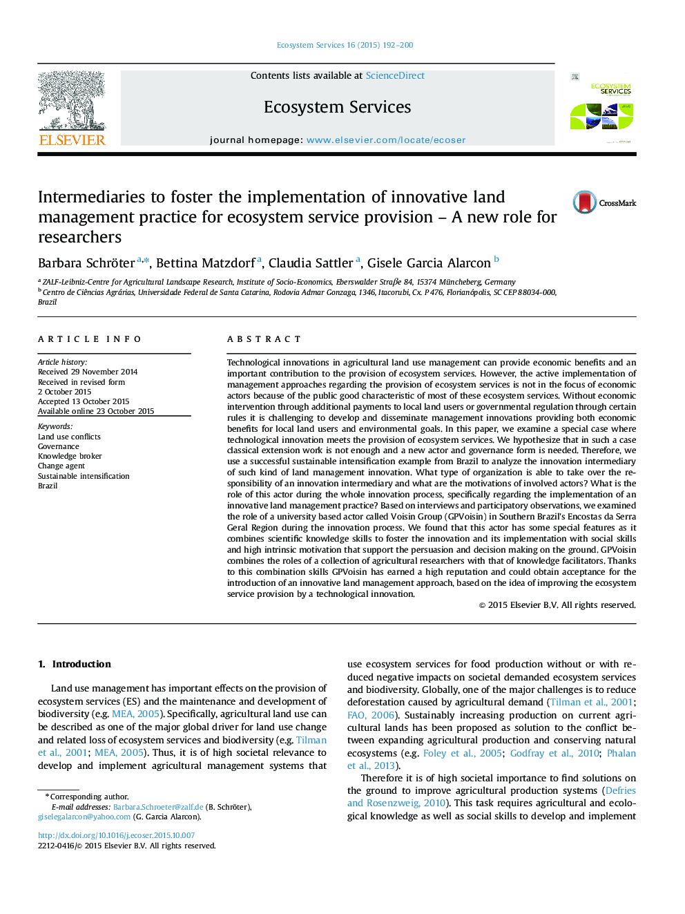 Intermediaries to foster the implementation of innovative land management practice for ecosystem service provision - A new role for researchers