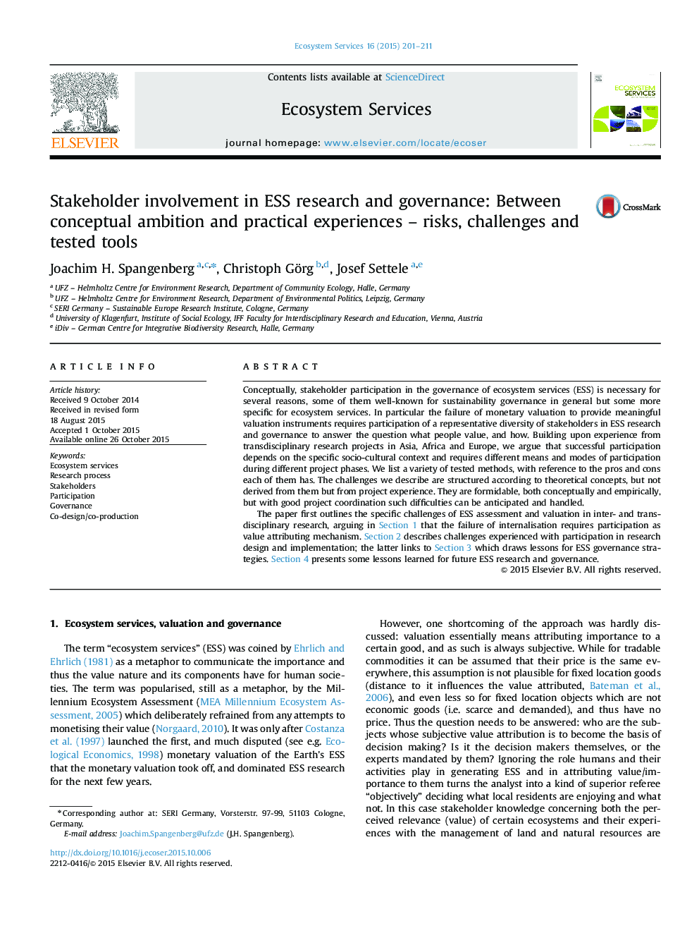Stakeholder involvement in ESS research and governance: Between conceptual ambition and practical experiences - risks, challenges and tested tools
