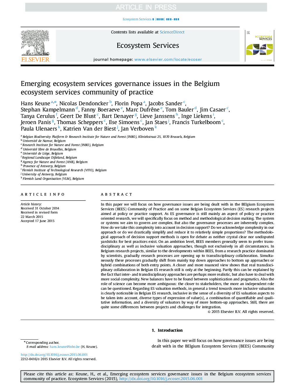 Emerging ecosystem services governance issues in the Belgium ecosystem services community of practice