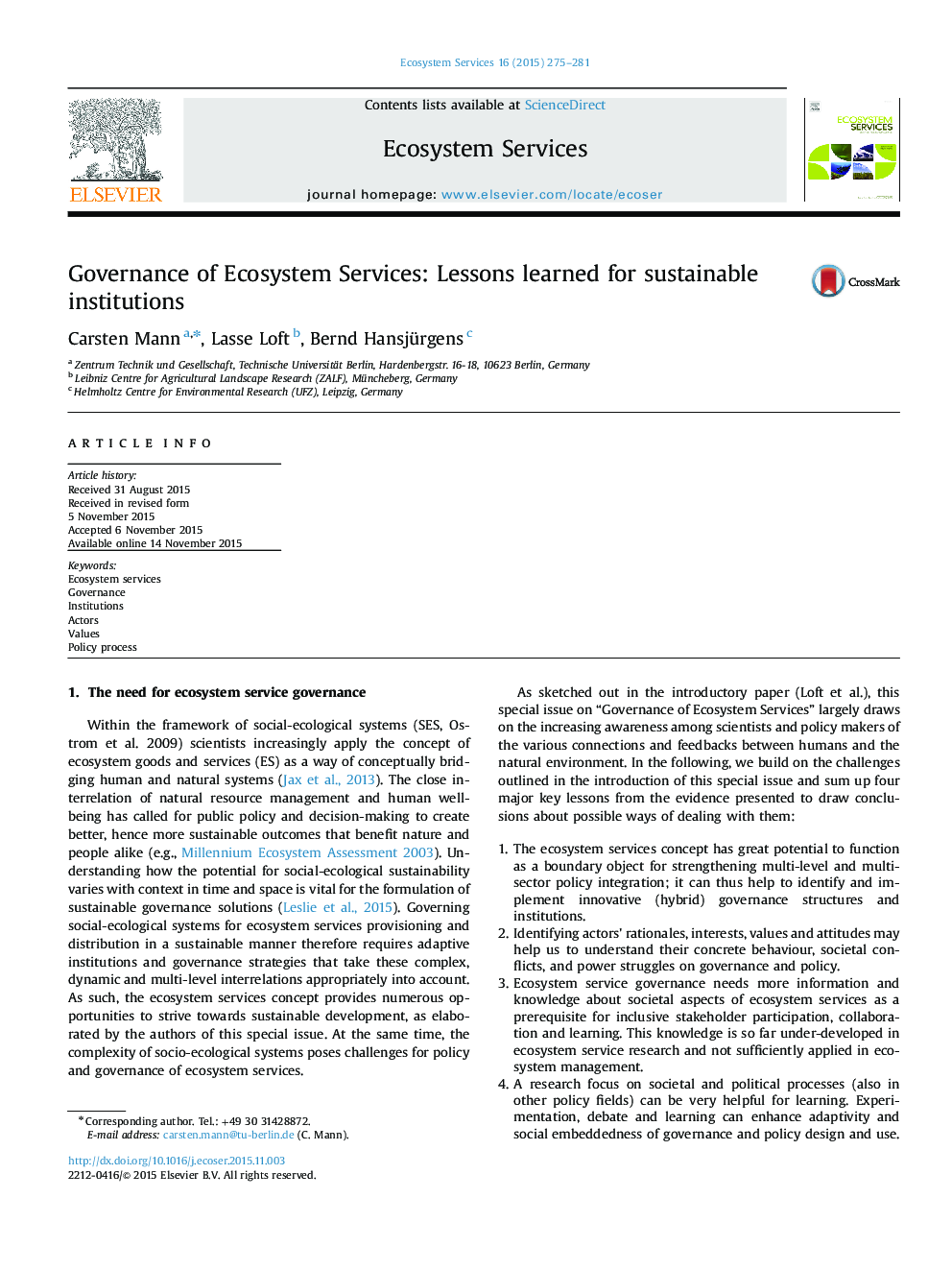 Governance of Ecosystem Services: Lessons learned for sustainable institutions