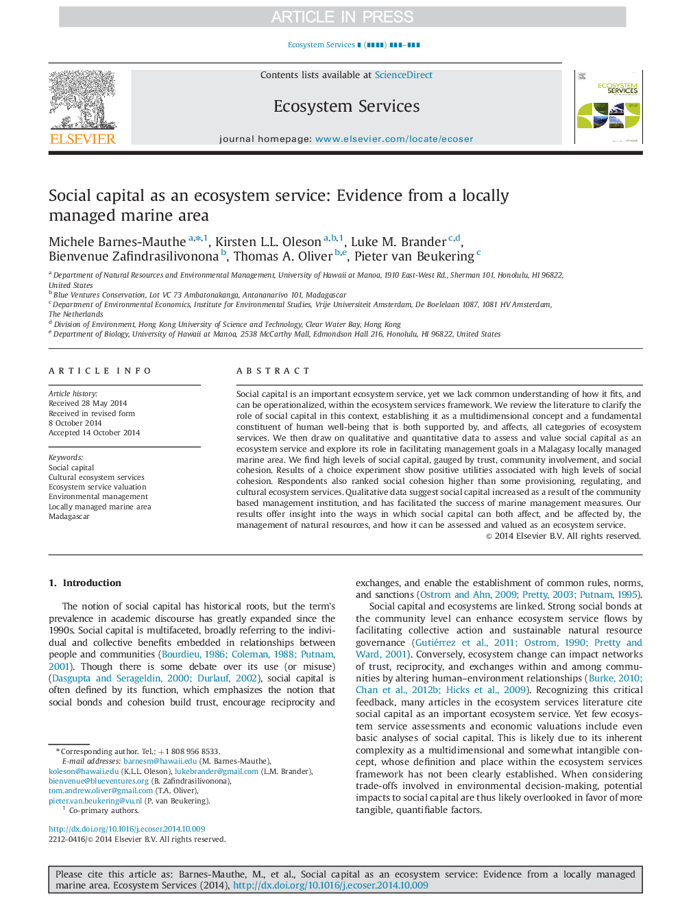 Social capital as an ecosystem service: Evidence from a locally managed marine area