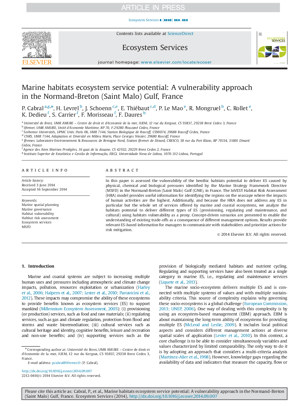 Marine habitats ecosystem service potential: A vulnerability approach in the Normand-Breton (Saint Malo) Gulf, France