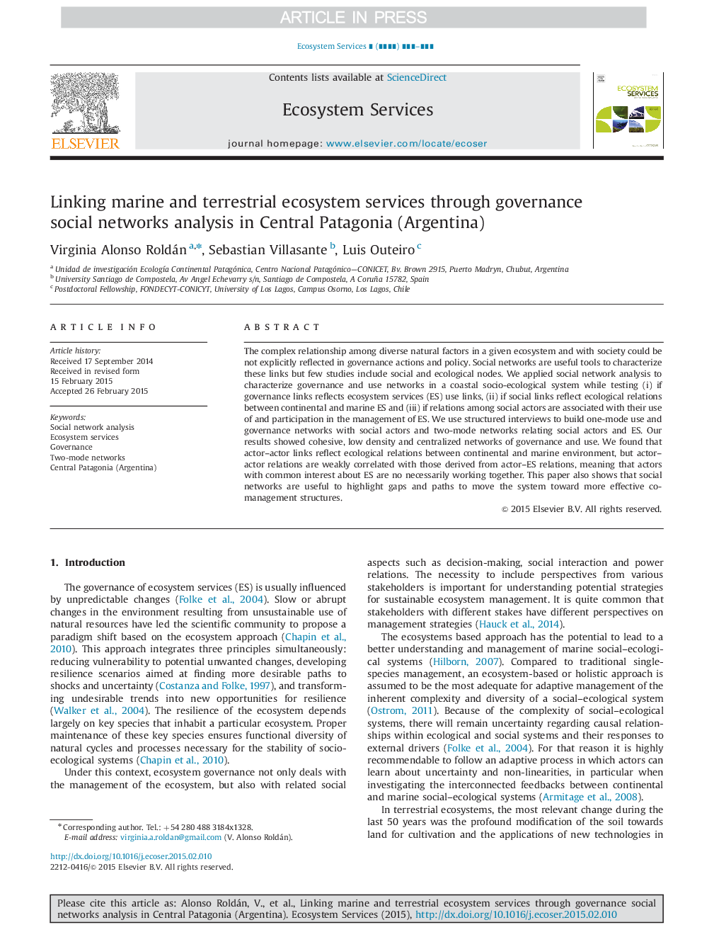 Linking marine and terrestrial ecosystem services through governance social networks analysis in Central Patagonia (Argentina)