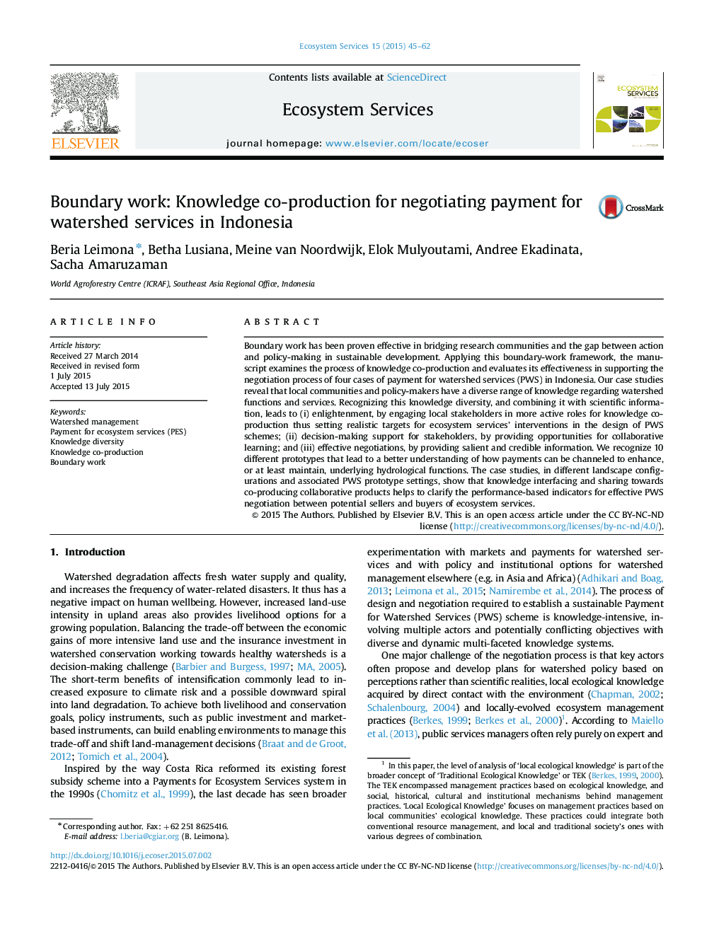 Boundary work: Knowledge co-production for negotiating payment for watershed services in Indonesia